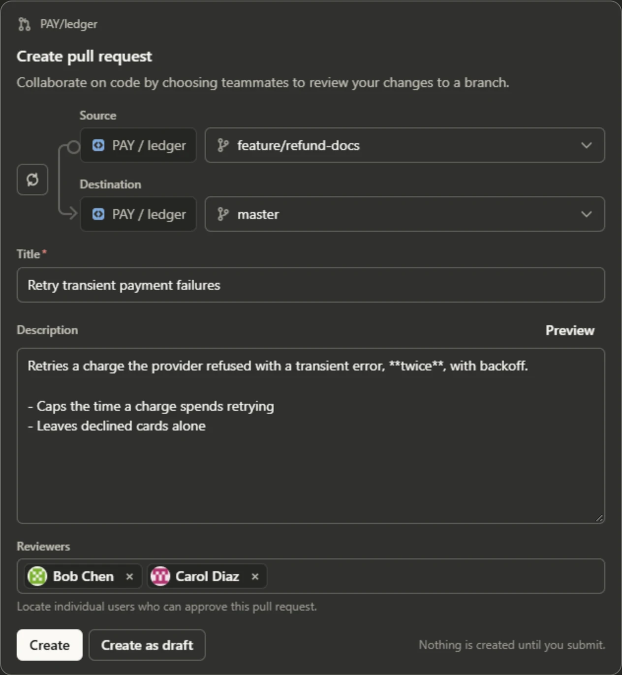 A pull request form: the source and destination branches with a swap button, the title and the description the agent drafted, two reviewers with their avatars, and Create and Create as draft