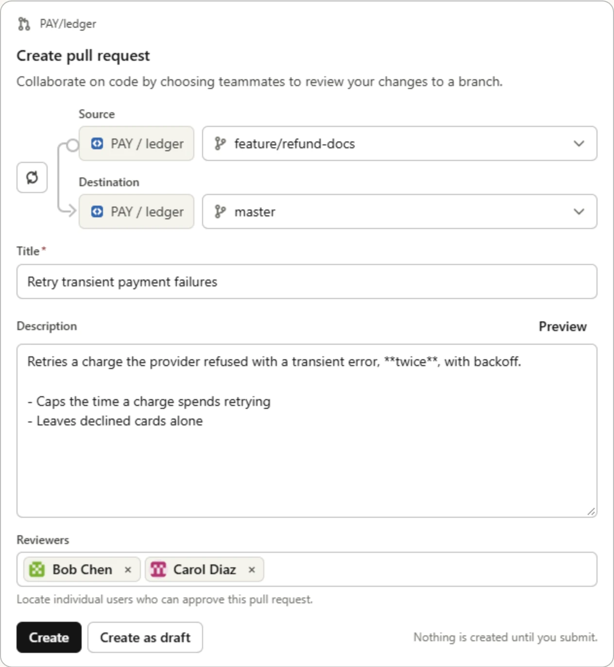 A pull request form: the source and destination branches with a swap button, the title and the description the agent drafted, two reviewers with their avatars, and Create and Create as draft